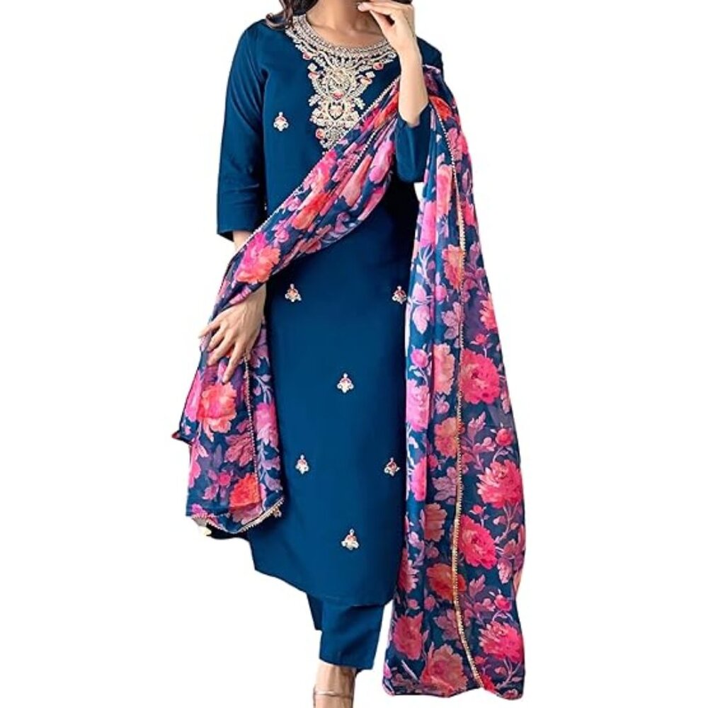NEW Women's Rayon Embroidered and Printed Straight Kurta with Pant and Dupatta S